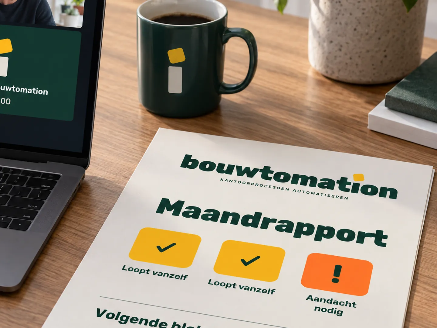 Een uitgeprint maandrapport met gele en oranje blokken naast een groene mok.